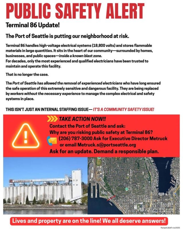 What is this about the Terminal 86 grain silos on Alaskan Way being an exploding hazard to homes and businesses from Port of Seattle firing certified electricians? Anyone have details?