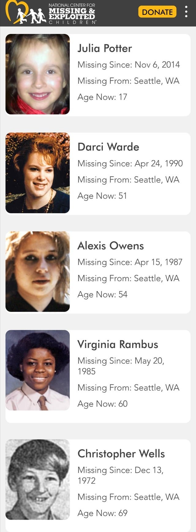 There are 5 cold case missing children in Seattle, Washington. Do you know anything that can help? (sharing here for awareness)