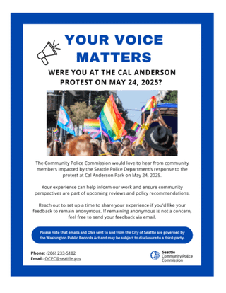 ‘Your Voice Matters’ — Police Commission seeks ‘community members impacted’ by Seattle Police crackdown on Cal Anderson May 24 protest