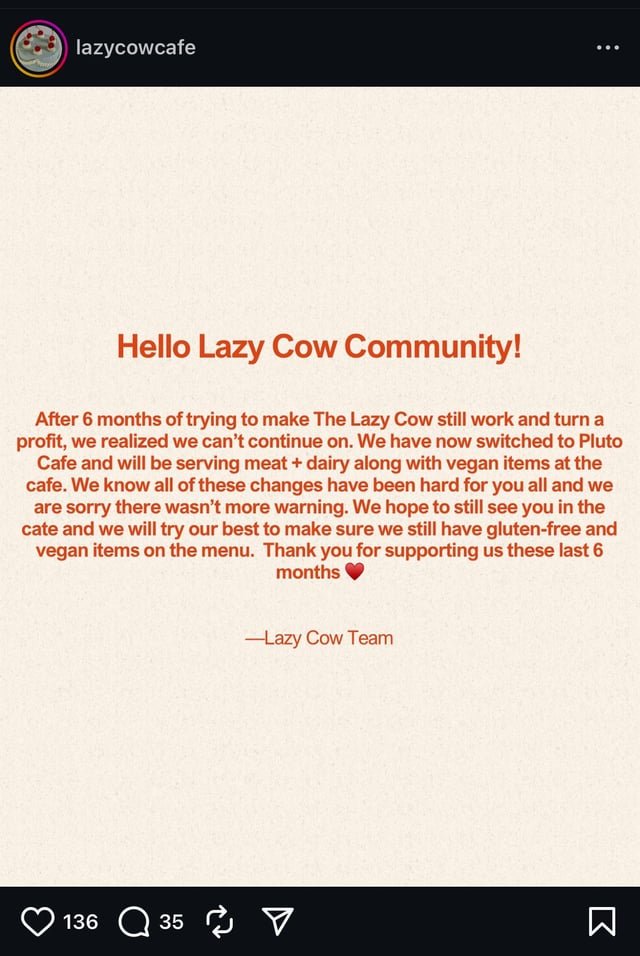 Vegan bakery Lazy Cow becomes Pluto Cafe, now selling meat and dairy