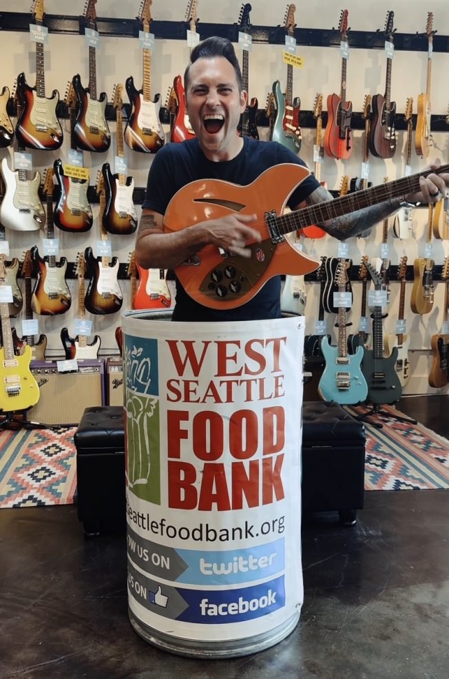 WEEKEND PREVIEW: Thunder Road Guitars stoked for Saturday sale, raising $ for West Seattle Food Bank – and dunking Frank