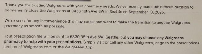 FOLLOWUP: Walgreens announces it’s closing South Delridge store, a month after site was listed for sale