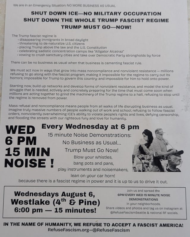 Wednesdays 6 p.m. Seattle, Westlake 4th and Pine, 15 minute noise demos