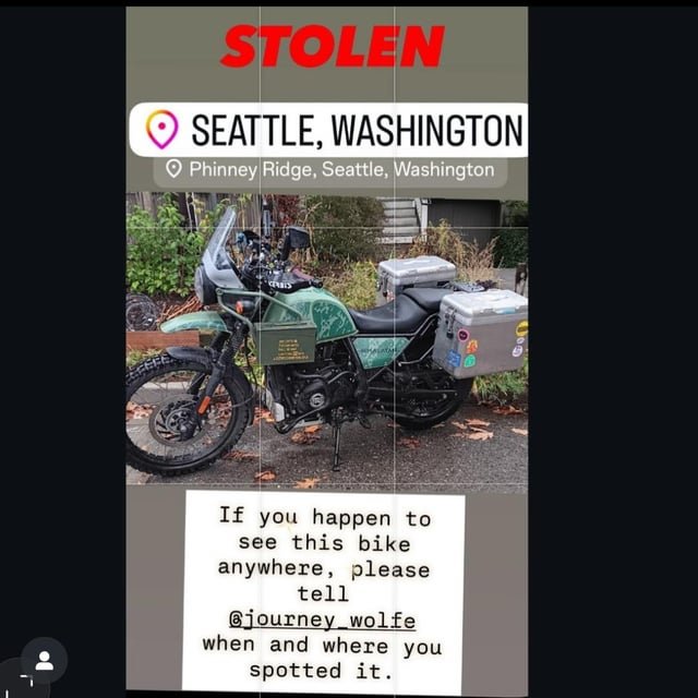 Stolen Royal Enfield Himalayan motorcycle in Phinney Ridge—keep an eye out please!