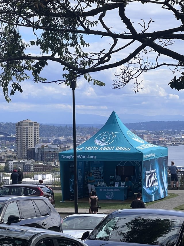 Heads up – this is set up at Kerry Park right now and the nonprofit is run by the Church of Scientology