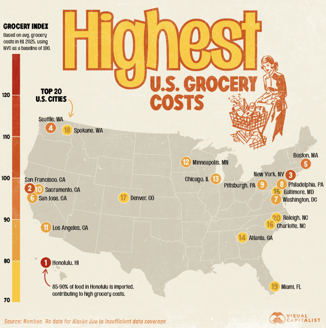 MapsRanked: U.S. Cities With the Highest Cost of Groceries