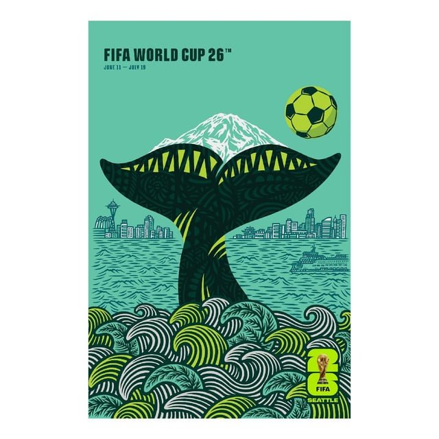 World Cup host city posters were released for sale…Seattle’s is pretty good. I like the stadium design element on the fluke.