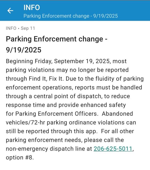 SPD ending Parking Enforcement Find It, Fix It support, effective Friday