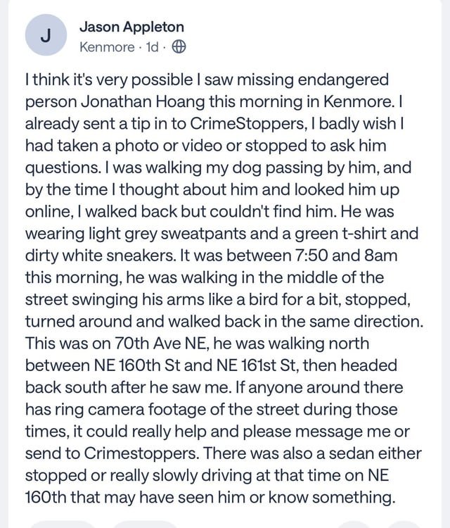 Possible sighting of Jonathan Huong (as seen on Nextdoor)