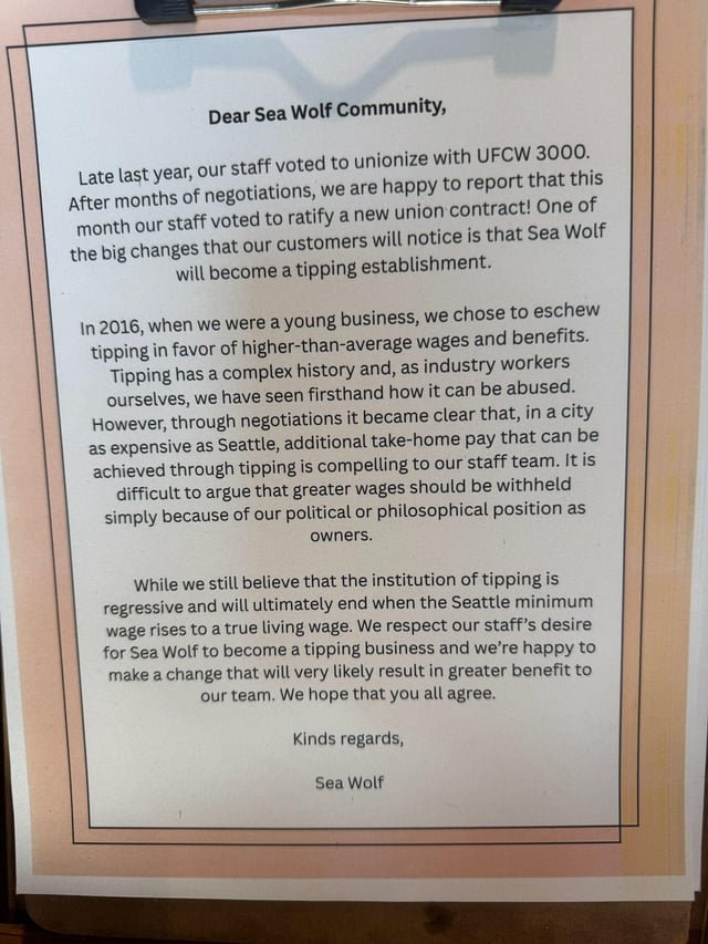 Sea Wolf is now a tipping establishment after staff joins UFCW 3000