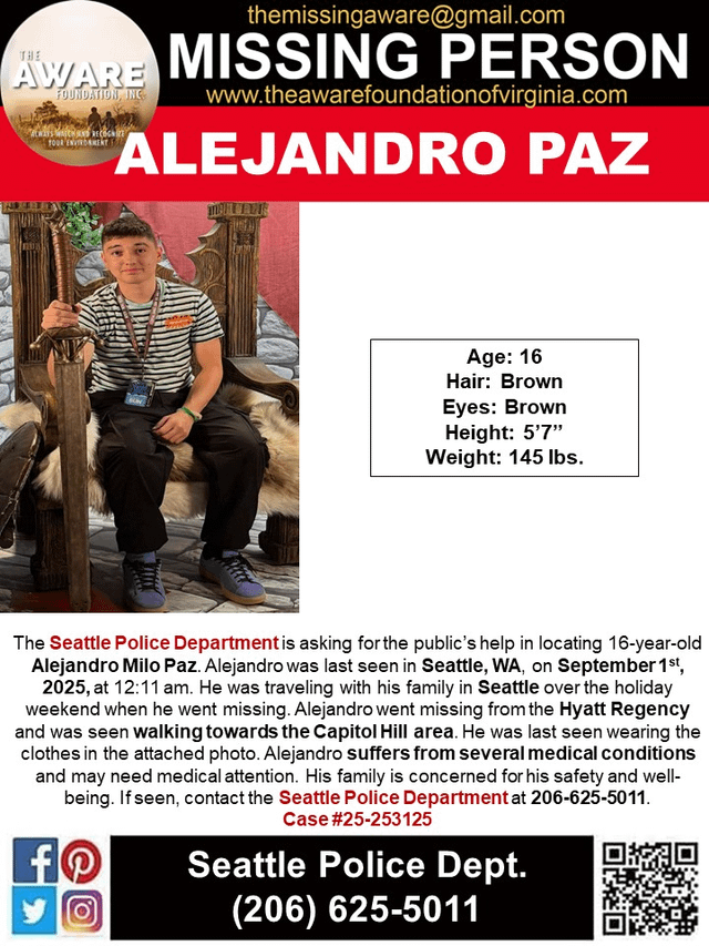 Missing 16 year old tourist. Left Capitol Hill hotel at midnight and disappeared.