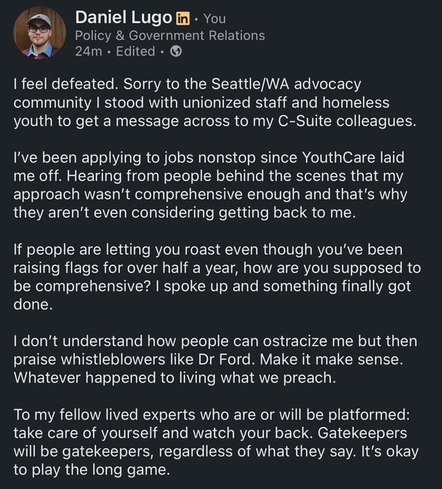 I recently spoke up against nonprofit corruption here in Seattle, which resulted in news articles from ST and PubliCola. Regardless of what these politicians say, being on the right side of history isn’t their priority. They often tokenize people with lived experience. If that’s you, be careful