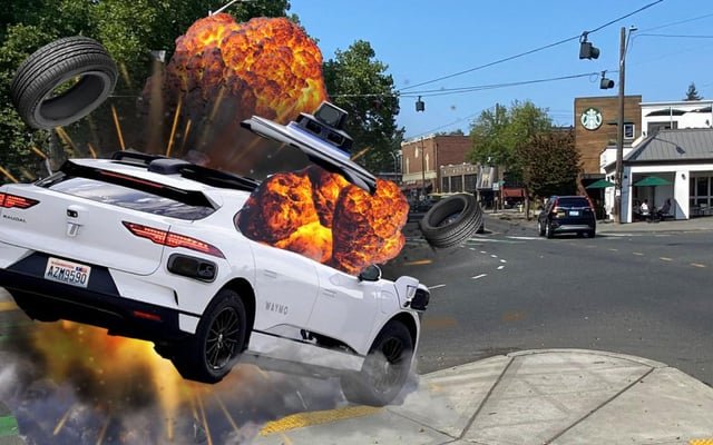 Waymo Trying to Get Through 5-Way Green Lake Stop Spontaneously Combusts