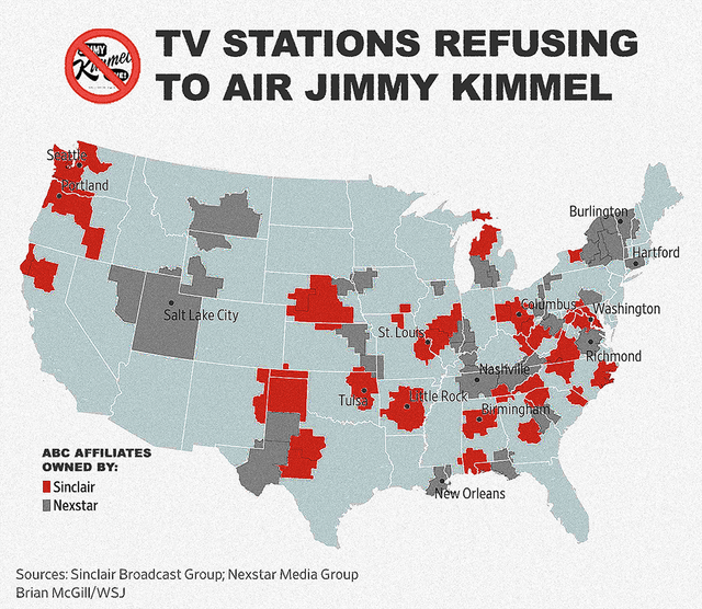 A map of the TV stations that will not be airing Jimmy Kimmel Live! tonight, despite ABC returning him to the air. Together, they cover 22% of U.S. households.