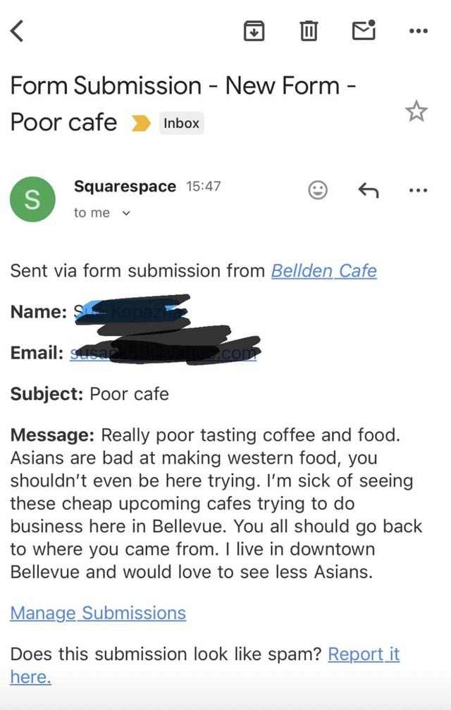 Owner of Bellden Cafe received a racist email