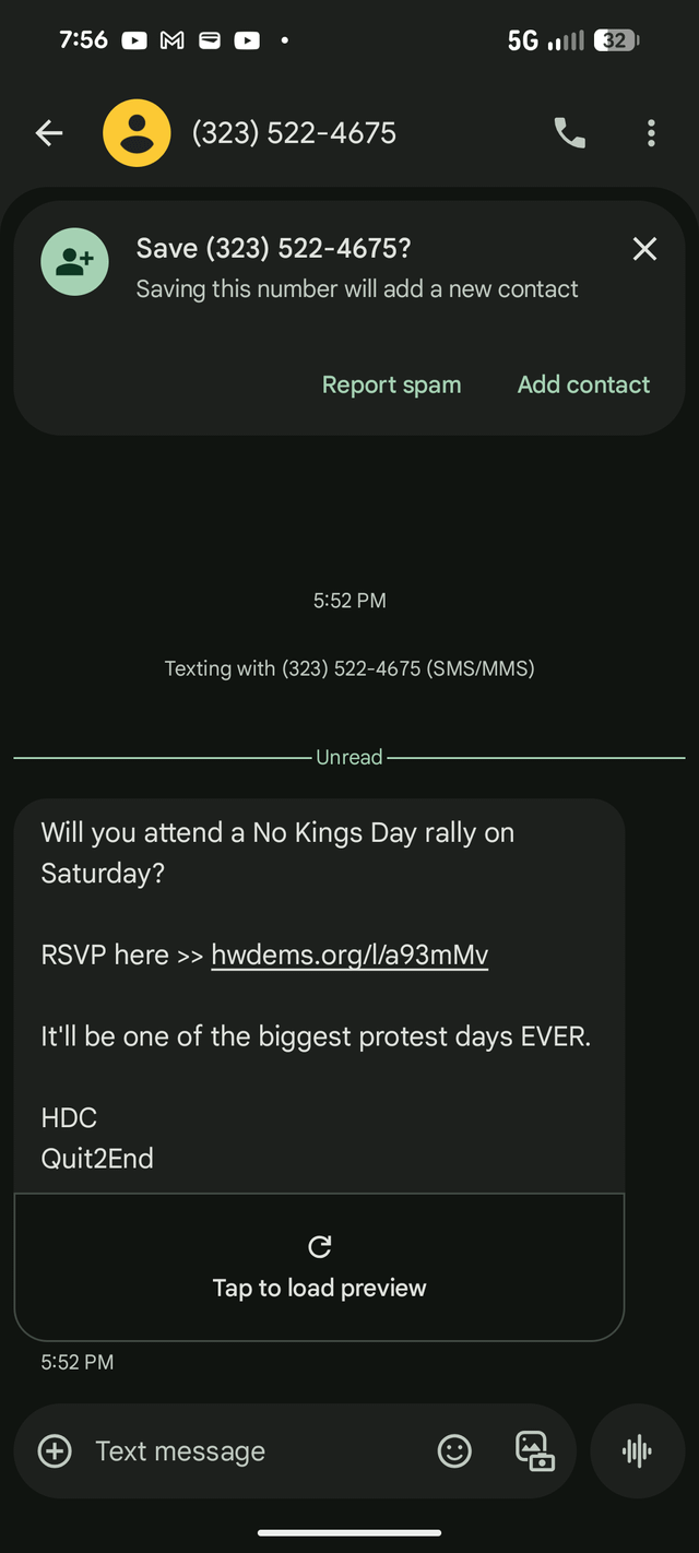No Kings text, feels like a scam or a lame attempt at being undercover