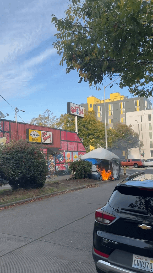 Tent caught on Fire in Ballard