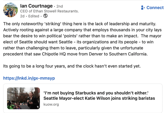 The CEO of Ethan Stowell Restaurants weighs in on Katie Wilson’s support of Starbucks strike
