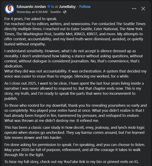 Edouardo Jordan (Salare and JuneBaby owner) sympathy-farming for his 14+ sexual misconduct allegations over on Facebook