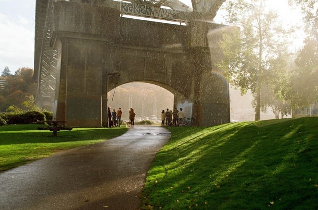 Waiting for the rain to stop under the bridge