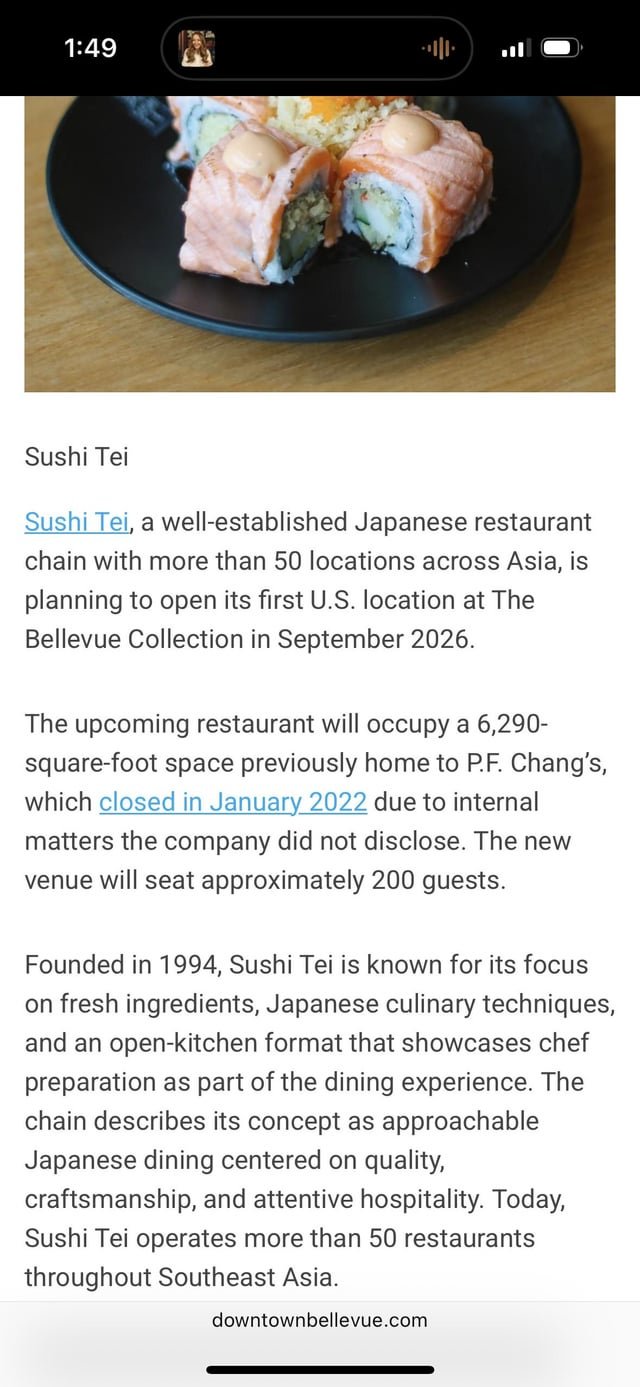 Full-Service Japanese Restaurant Sushi Tei to Open at Bellevue Square