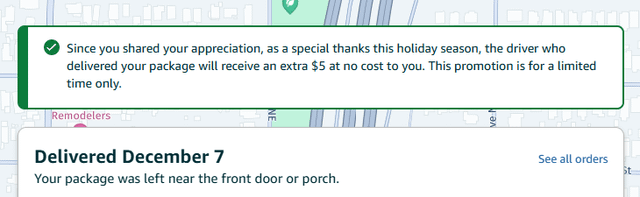 You can tip the driver of your most recent amazon delivery and they will receive $5 at no cost to you. December 1 and onward.