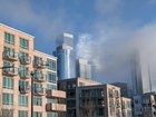 Very cool look today with the sun reflecting off of the mists downtown
