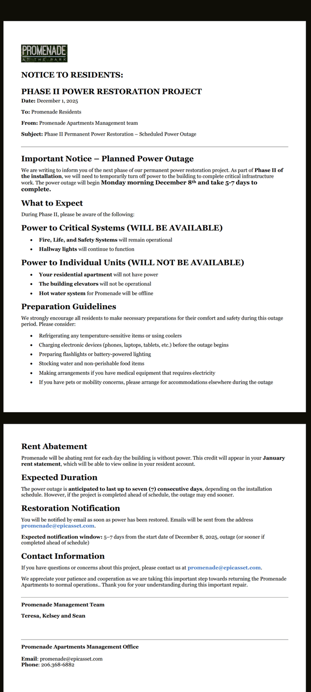 My apartment is shutting off power to residential units for 5-7 days. What are my options?