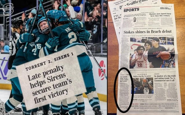 Seattle’s New Women’s Hockey Team Wins First Game, Speck on Seattle Times Sports Page