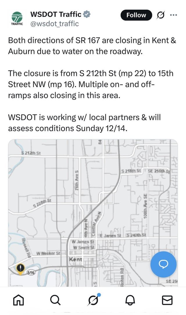 SR 167 Closed in Kent & Auburn due to Flooding