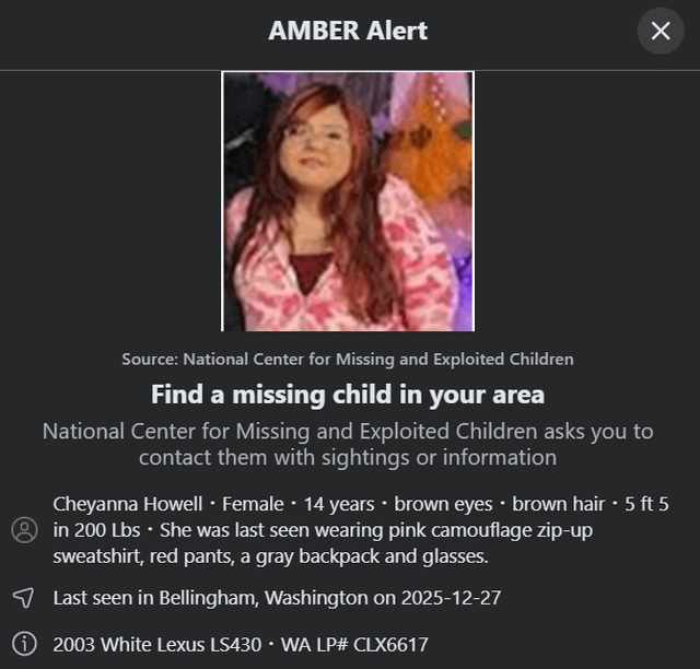 Amber Alert out of Bellingham / Lummi Nation: Cheyanna Howell