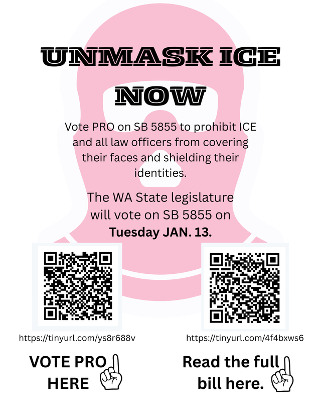 Unmask ICE Now! SB 5855 vote tomorrow (1/13)