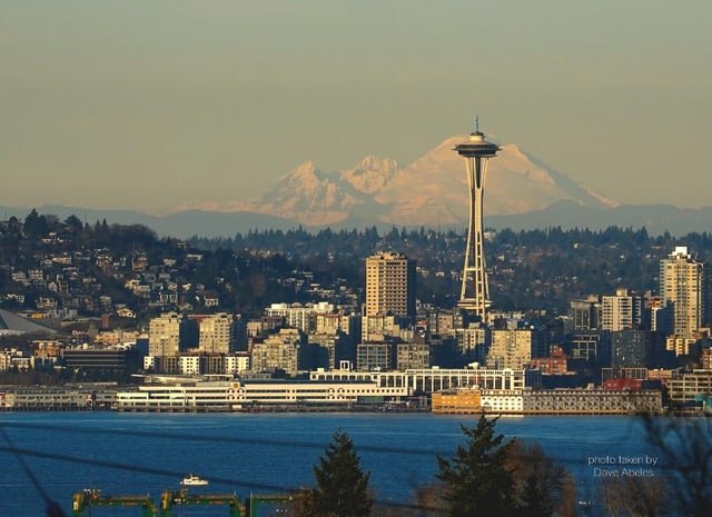 Mt Baker, perfectly lined up with the Space Needle