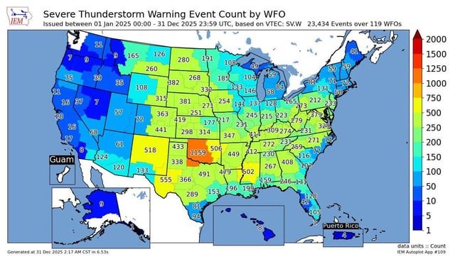 Map of sever thunderstorm warnings issued by the National Weather Service in 2025