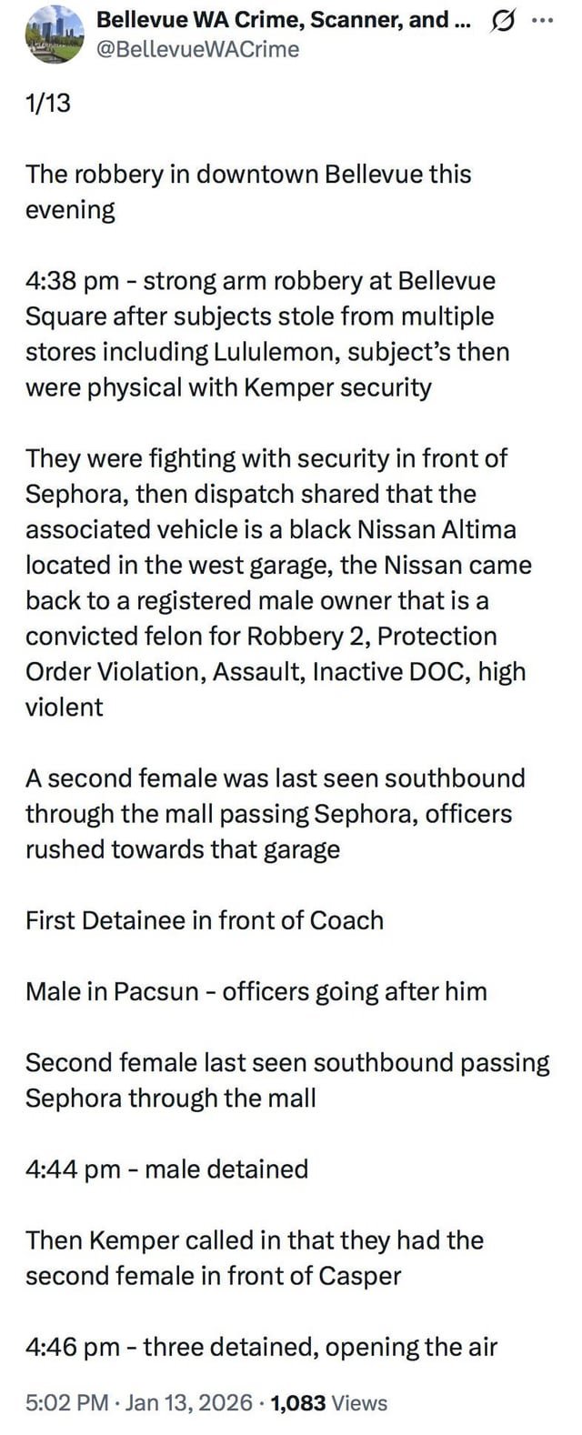 Strong arm robbery at Bell Square 1/13/26