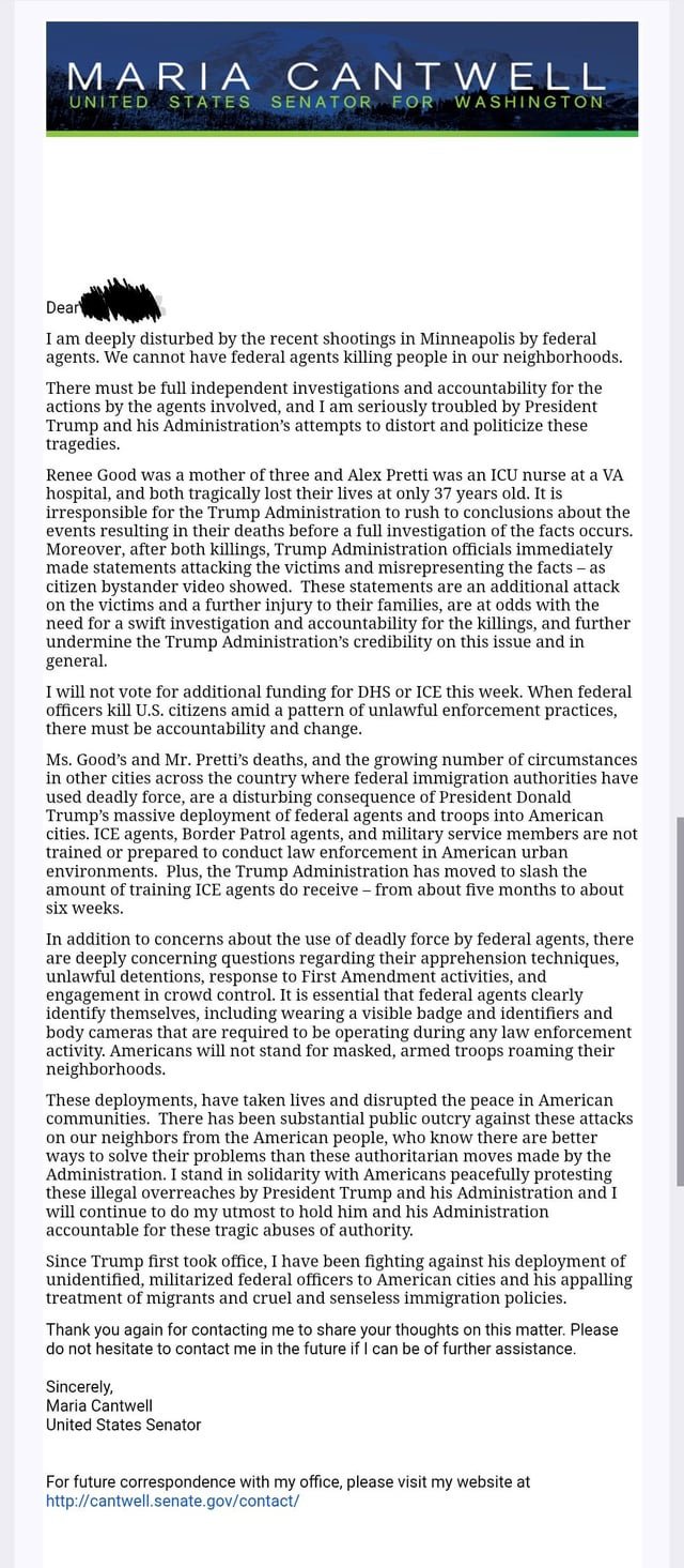 Senator Cantwell confirms she will not give ICE raises (this week) in an astoundingly milquetoast letter.