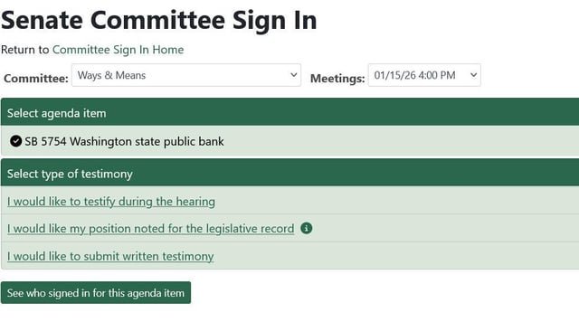 [BSKY] Washington State is considering creating a public bank. A hearing is scheduled for SB5754–a bill to create a public bank in Washington–for January 15th at 4:00 pm. Contact the Senate Ways and Means Committee today and let them know you support SB5754. (@waforpublicbanking.bsky.social)