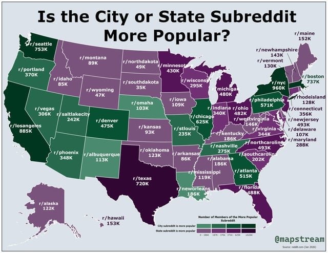 [OC] Comparing City and State Subreddits in the US