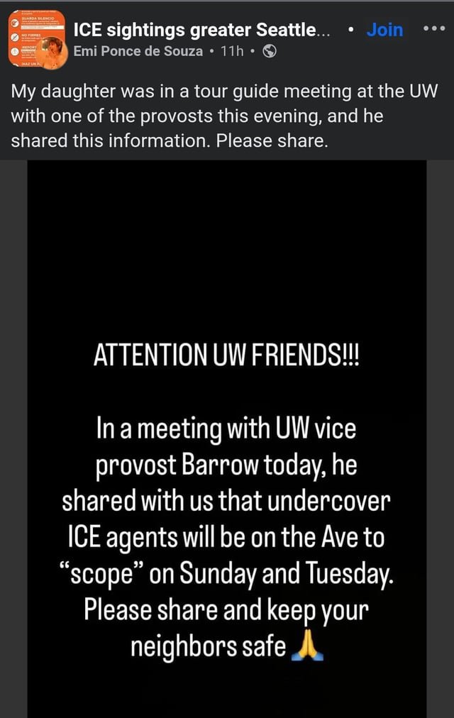 ICE may be in the U District on Sunday and Tuesday