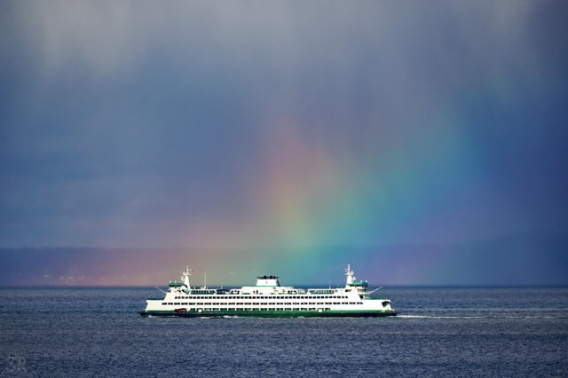 A colorful curtain of rain behind the Bainbridge ferry today
