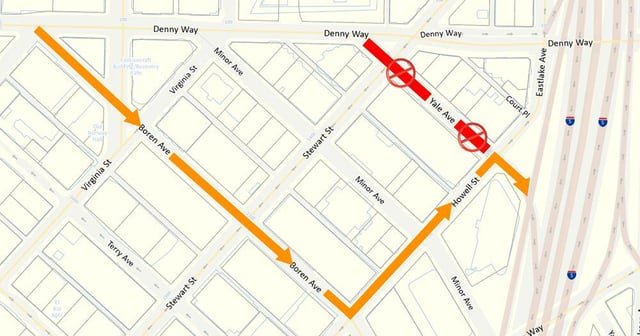 SDOT: YALE AVE WILL CLOSE, starting today and continuing until March 20, due to construction near the street. Drivers going to the I-5 onramp from Denny Way will be detoured via Boren Ave to Howell Ave