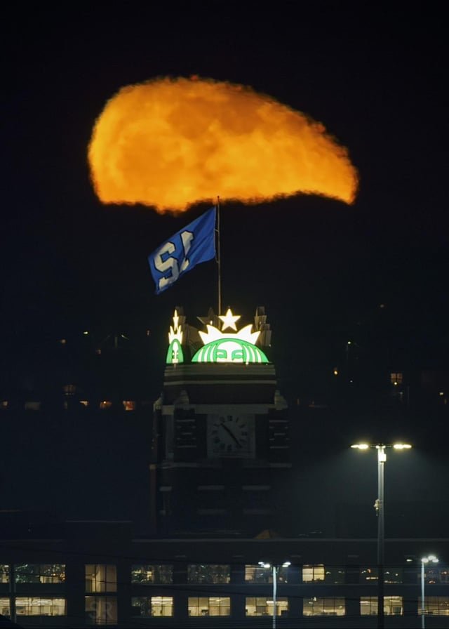 A somewhat football-shaped Moon looming on the horizon last night.