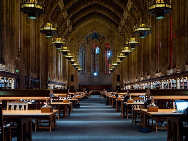 Suzzallo Reading Room at the University of Washington, February 15, with stained-glass windows temporarily covered from the exterior during seismic retrofit work.