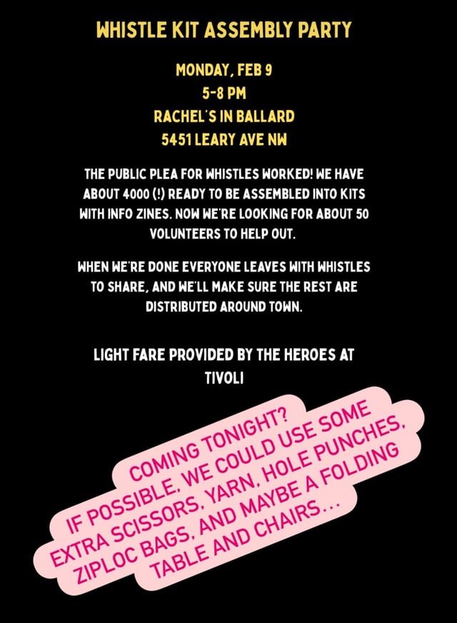 Whistle Kit Assembly Party at Rachel’s Bagels & Burritos from 5-8pm