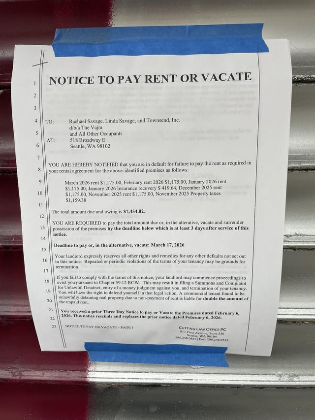 Rachael Savage: too busy posting epic clapbacks on Xitter to pay the rent, now The Vajra is being formally evicted