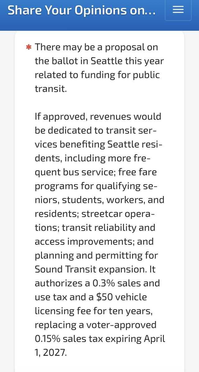 Looks like city hall is considering doubling the Seattle Transit Measure with a 0.3% sales tax (replaces 0.15%)