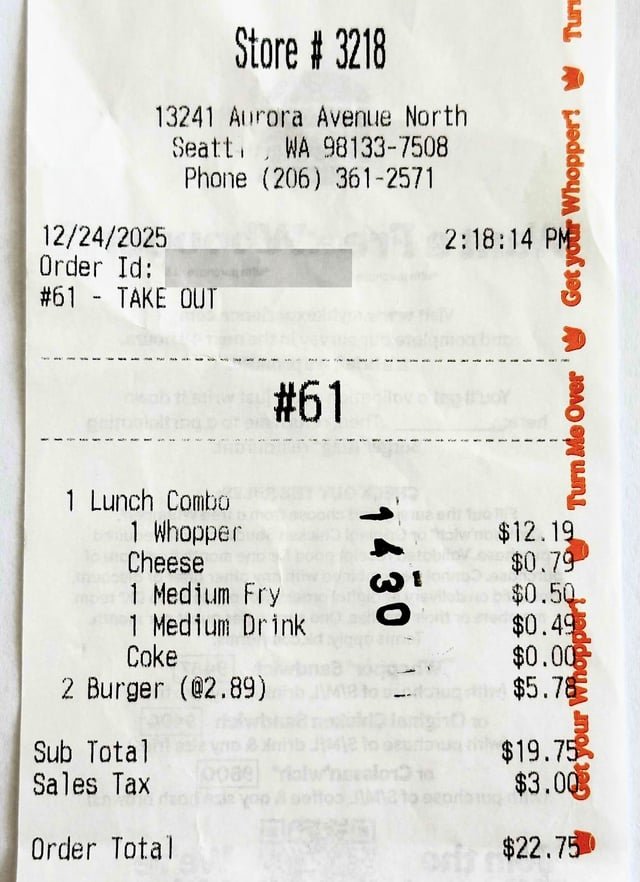 Burger King on Aurora charging 15.2% sales tax