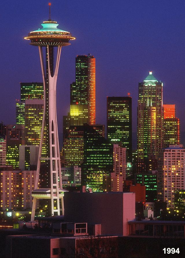 I saw that pic of downtown from 1994 going around and realized I took a remarkably similar pic last year. Here they are overlaid on each other