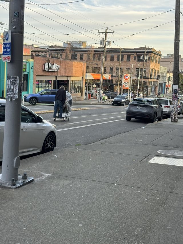Grocery cart man demonstrates where to use Lime for Cap Hill