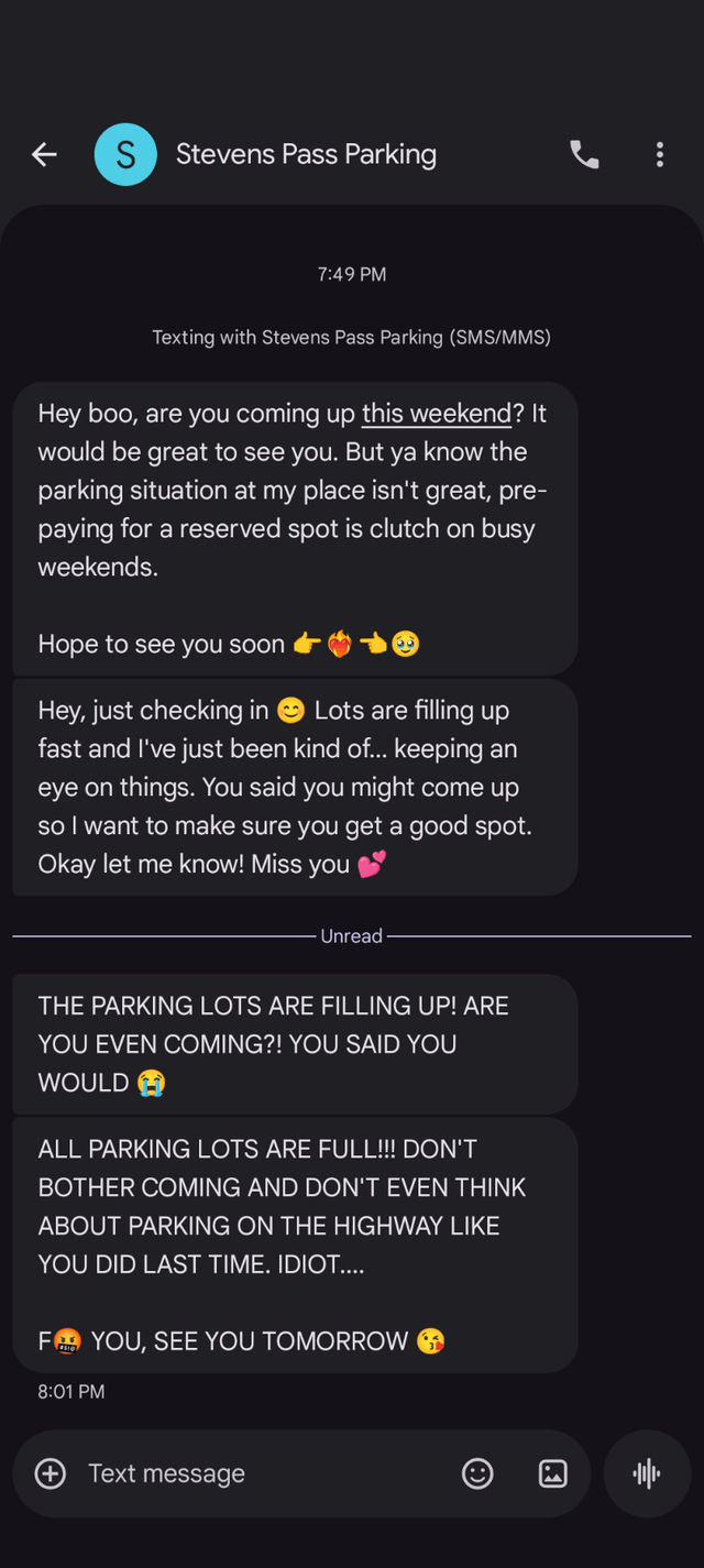 Stevens Pass parking alerts as texts from your unhinged situationship